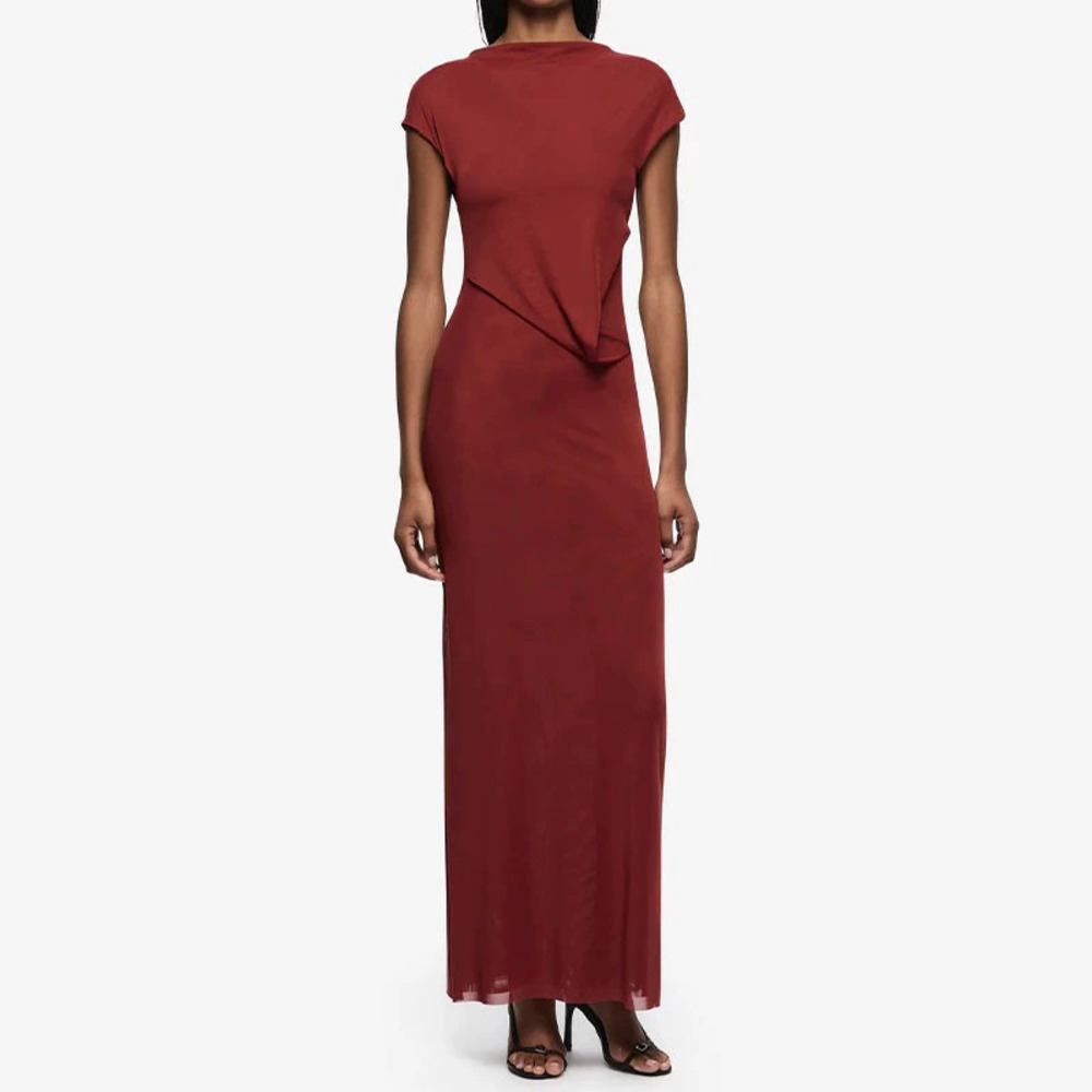 Zara Burgundy Twist Mock Neck Cap Sleeve Fitted Floor Length Gown